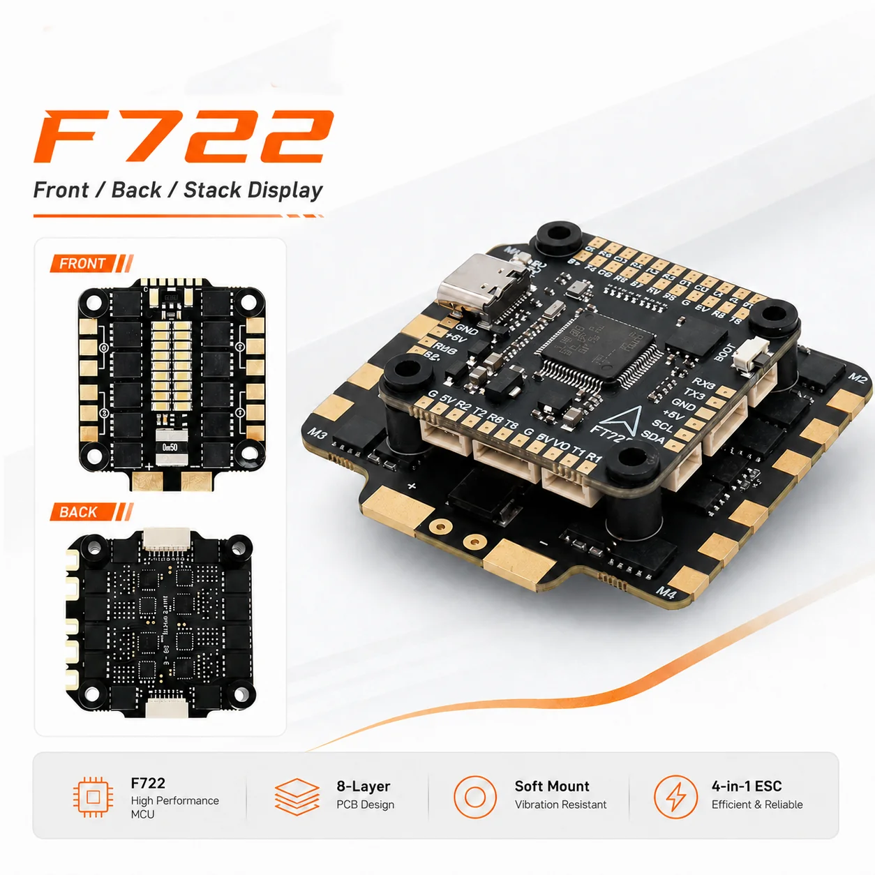 DAKEFPV F722 Mini Flight Controller + 60A 6S 4-in-1 ESC Stack F4 FC